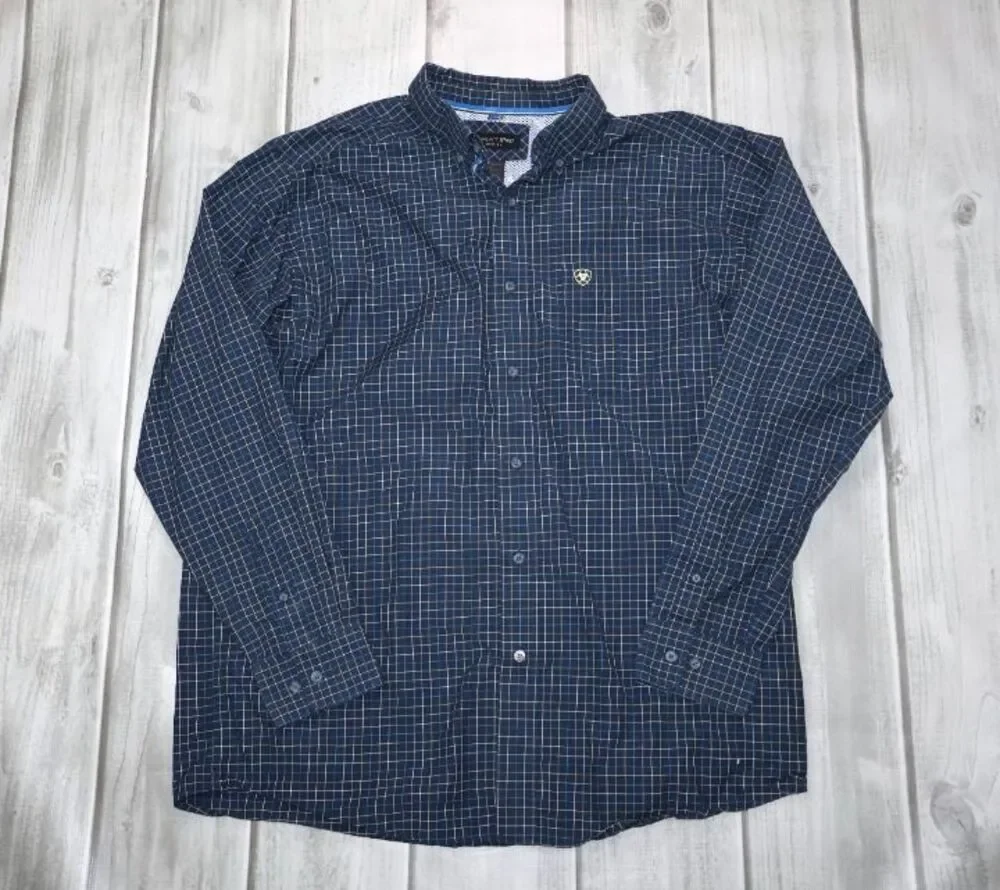 Ariat Pro Series Shirt Men's L Pro Pharell Navy Yellow Plaid Long Sleeve Western